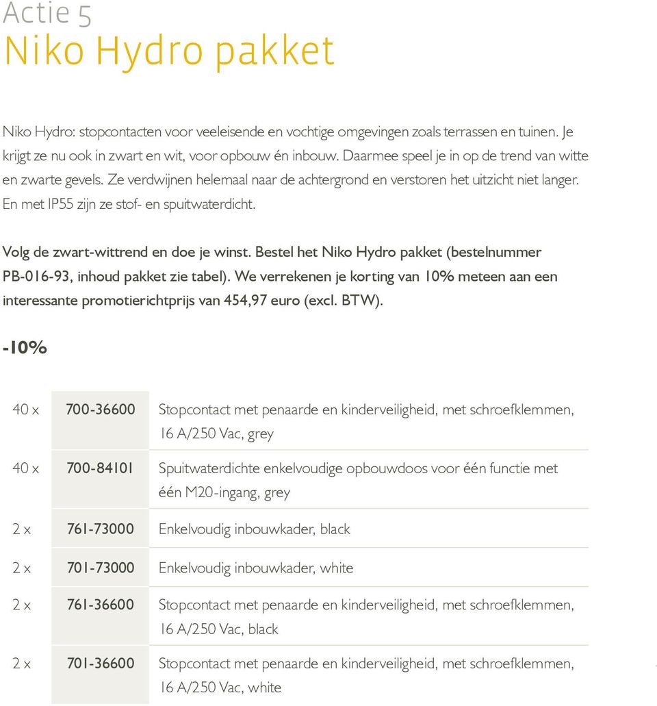 Volg de zwart-wittrend en doe je winst. Bestel het Niko Hydro pakket (bestelnummer PB-016-93, inhoud pakket zie tabel).
