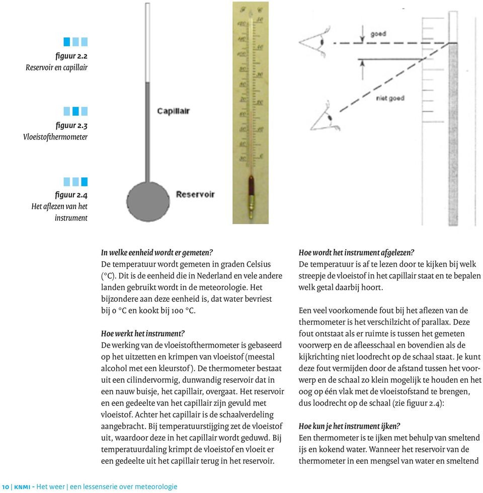 De werking van de vloeistofthermometer is gebaseerd op het uitzetten en krimpen van vloeistof (meestal alcohol met een kleurstof ).