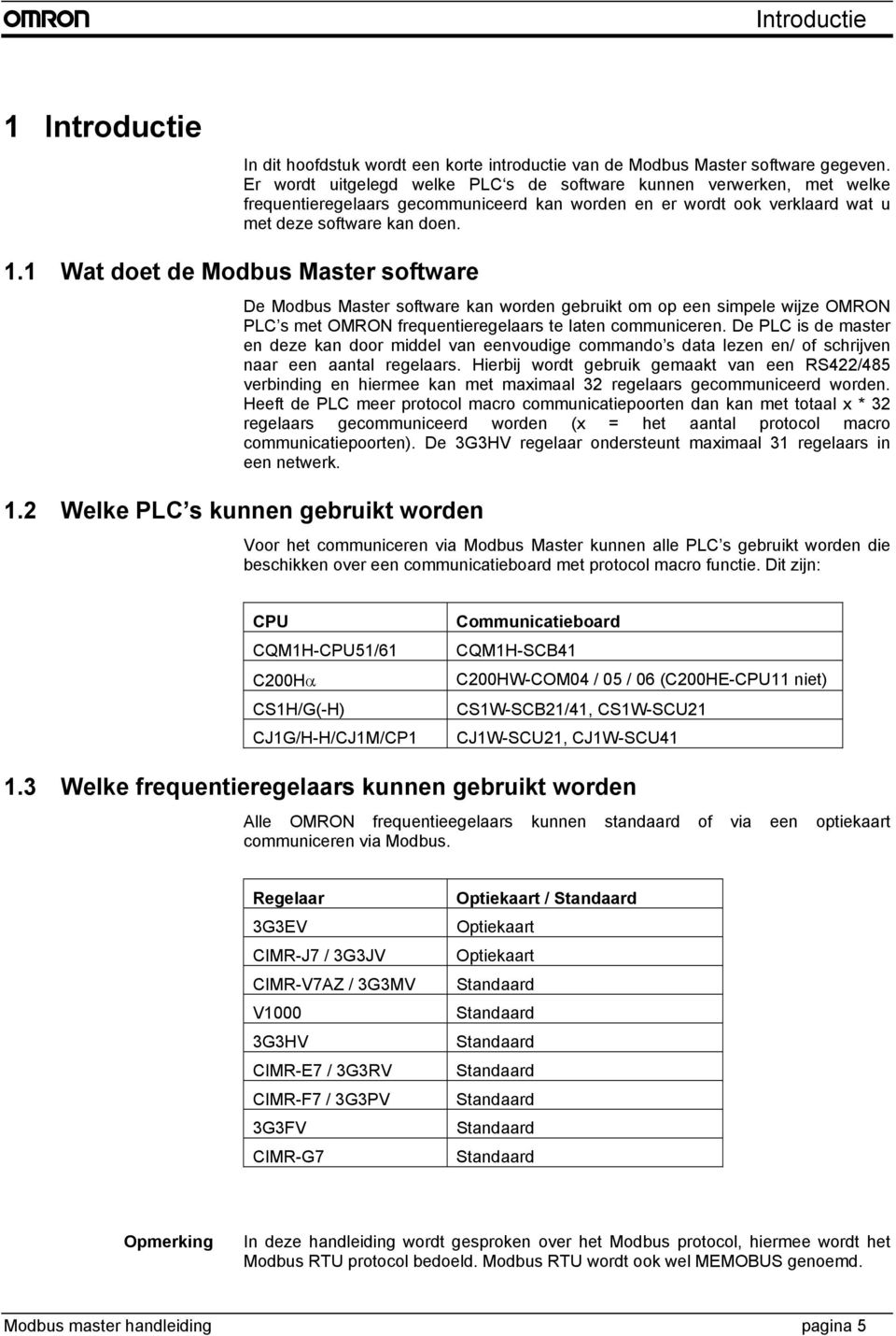 1 Wat doet de Modbus Master software De Modbus Master software kan worden gebruikt om op een simpele wijze OMRON PLC s met OMRON frequentieregelaars te laten communiceren.