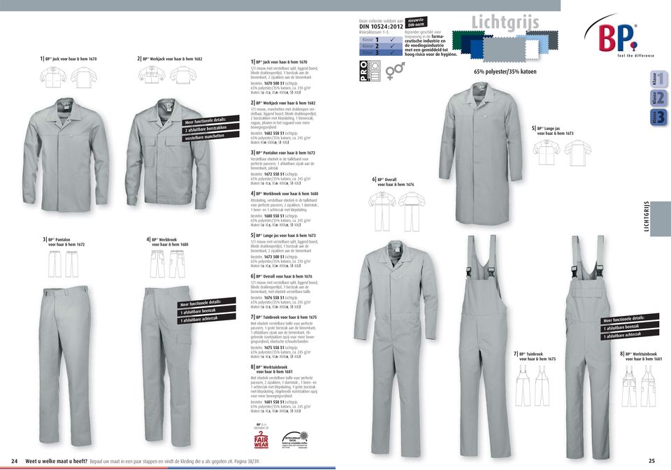 20 g/m 2 2 BP Werkjack 682 / mouw, manchetten met drukknopen verstelbaar, liggend boord, blinde drukknopenlijst, 2 borstzakken met klepsluiting, binnenzak, rugpas, plooien in het rugpand voor meer