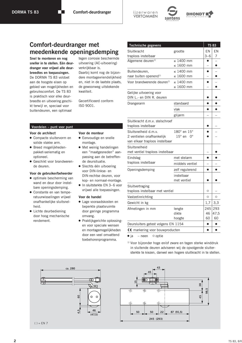 De TS 83 is praktisch voor elke deurbreedte en uitvoering geschikt terwijl er, speciaal voor buitendeuren, een optimaal Voordelen punt voor punt Voor de architect 2 Compacte sluitervorm en solide