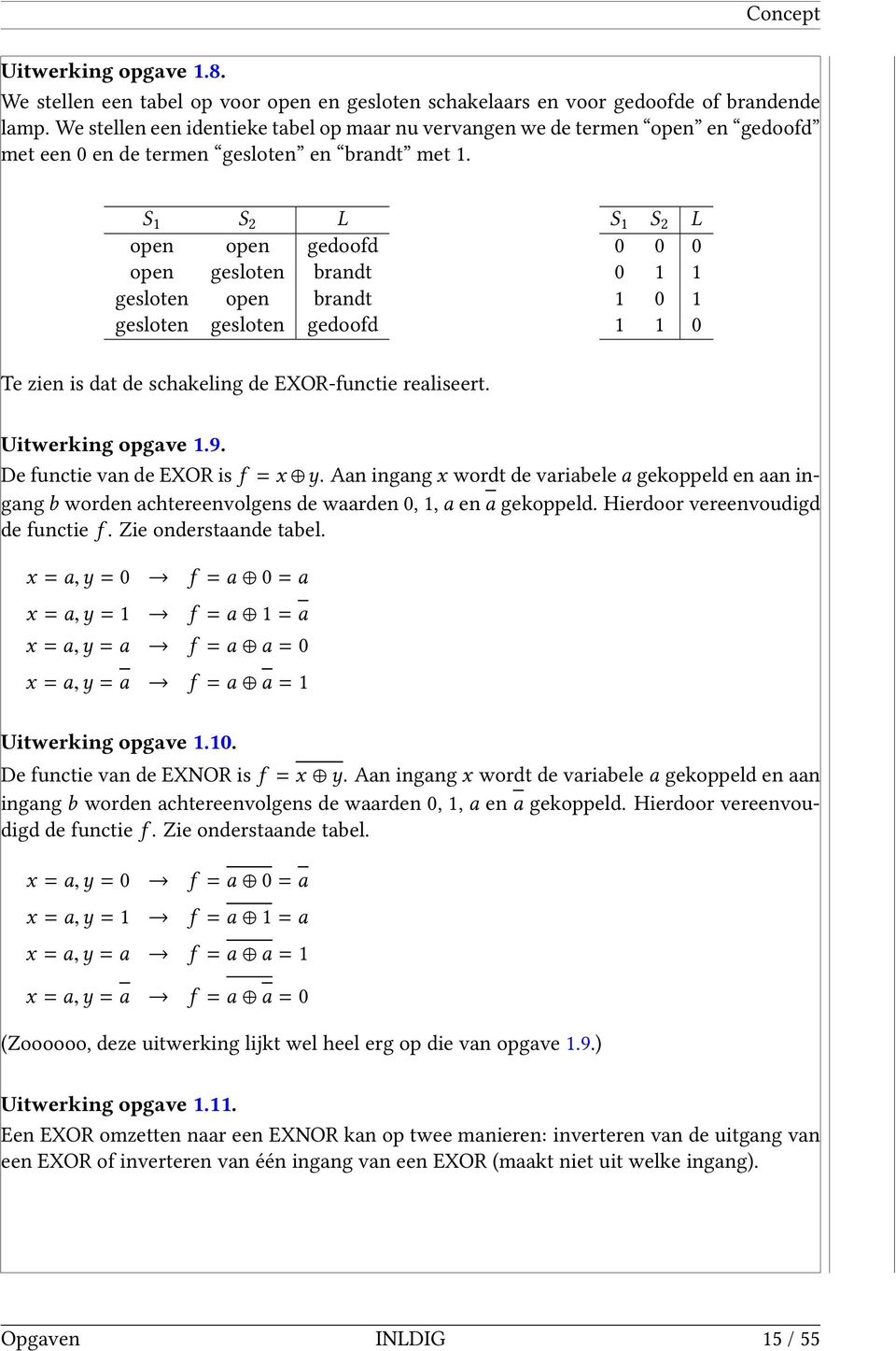 S S 2 L open open gedoofd open gesloten brandt gesloten open brandt gesloten gesloten gedoofd S S 2 L Te zien is dat de schakeling de EXORfunctie realiseert. Uitwerking opgave.9.