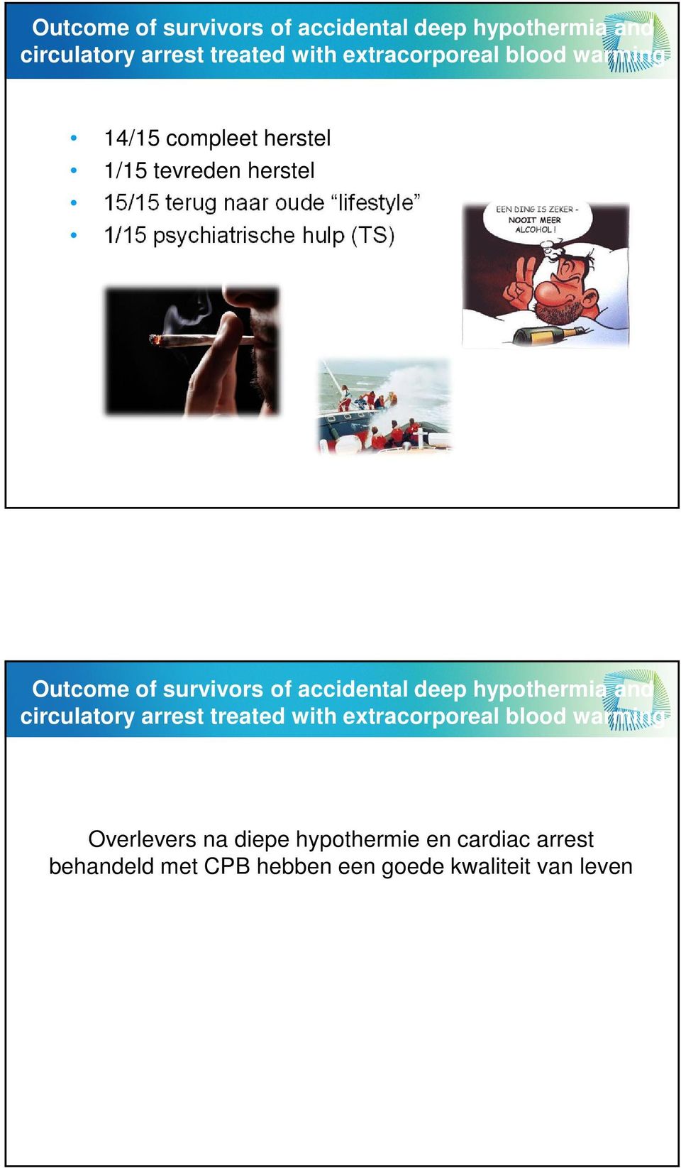 conclusie Overlevers na diepe hypothermie en cardiac arrest behandeld met CPB hebben een goede kwaliteit van leven 17