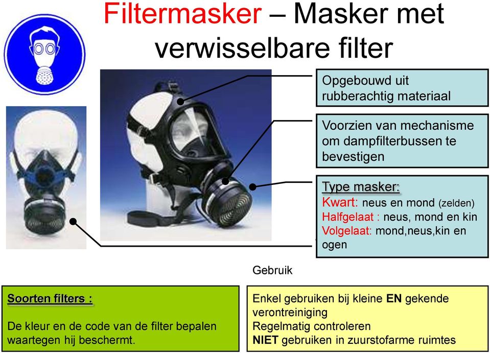 Volgelaat: mond,neus,kin en ogen Soorten filters : De kleur en de code van de filter bepalen waartegen hij