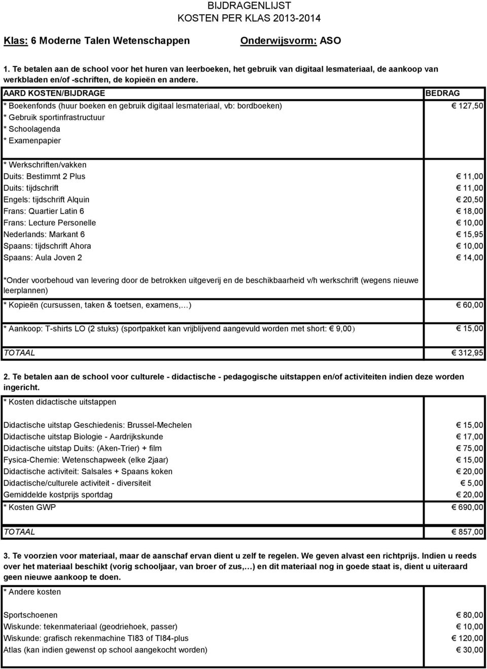 TOTAAL 312,95 Didactische uitstap Duits: (Aken-Trier) + film 75,00 Fysica-Chemie: