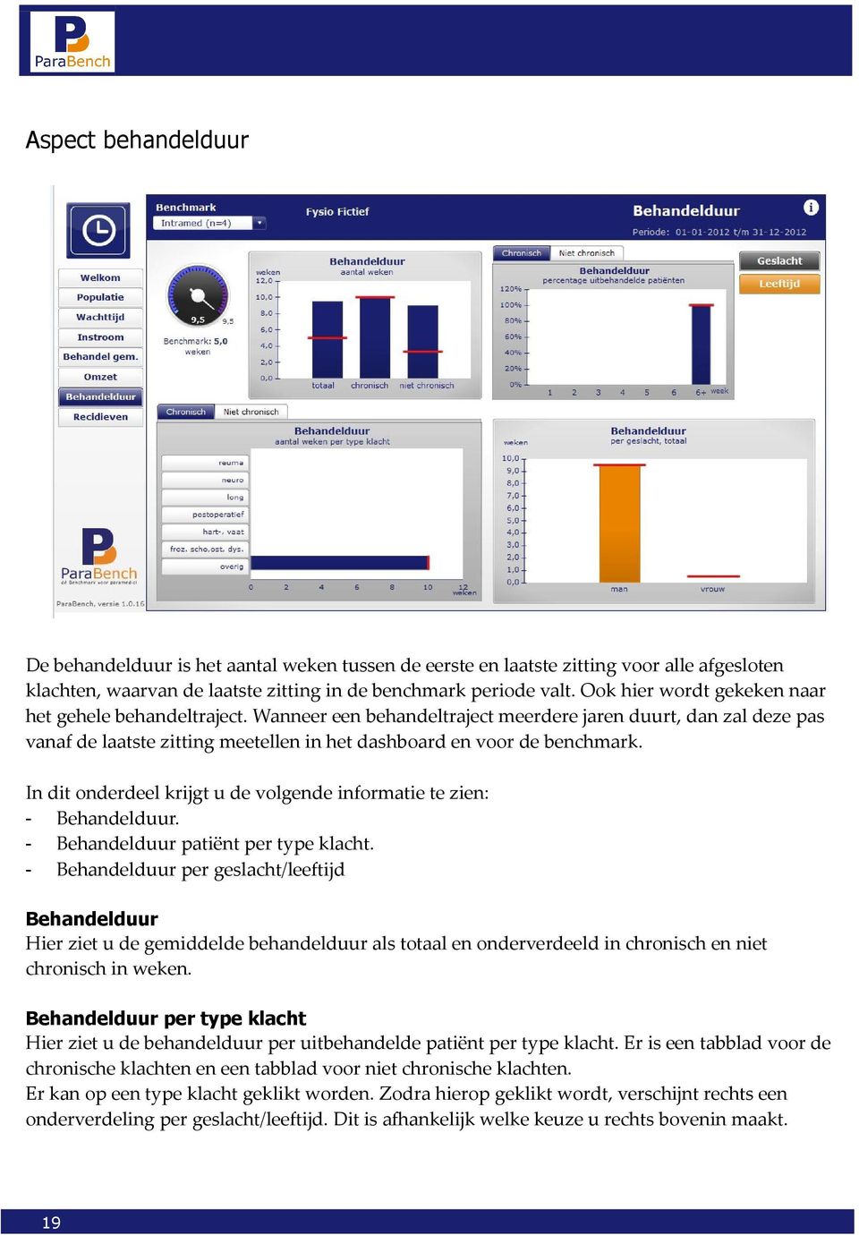 In dit onderdeel krijgt u de volgende informatie te zien: - Behandelduur. - Behandelduur patiënt per type klacht.