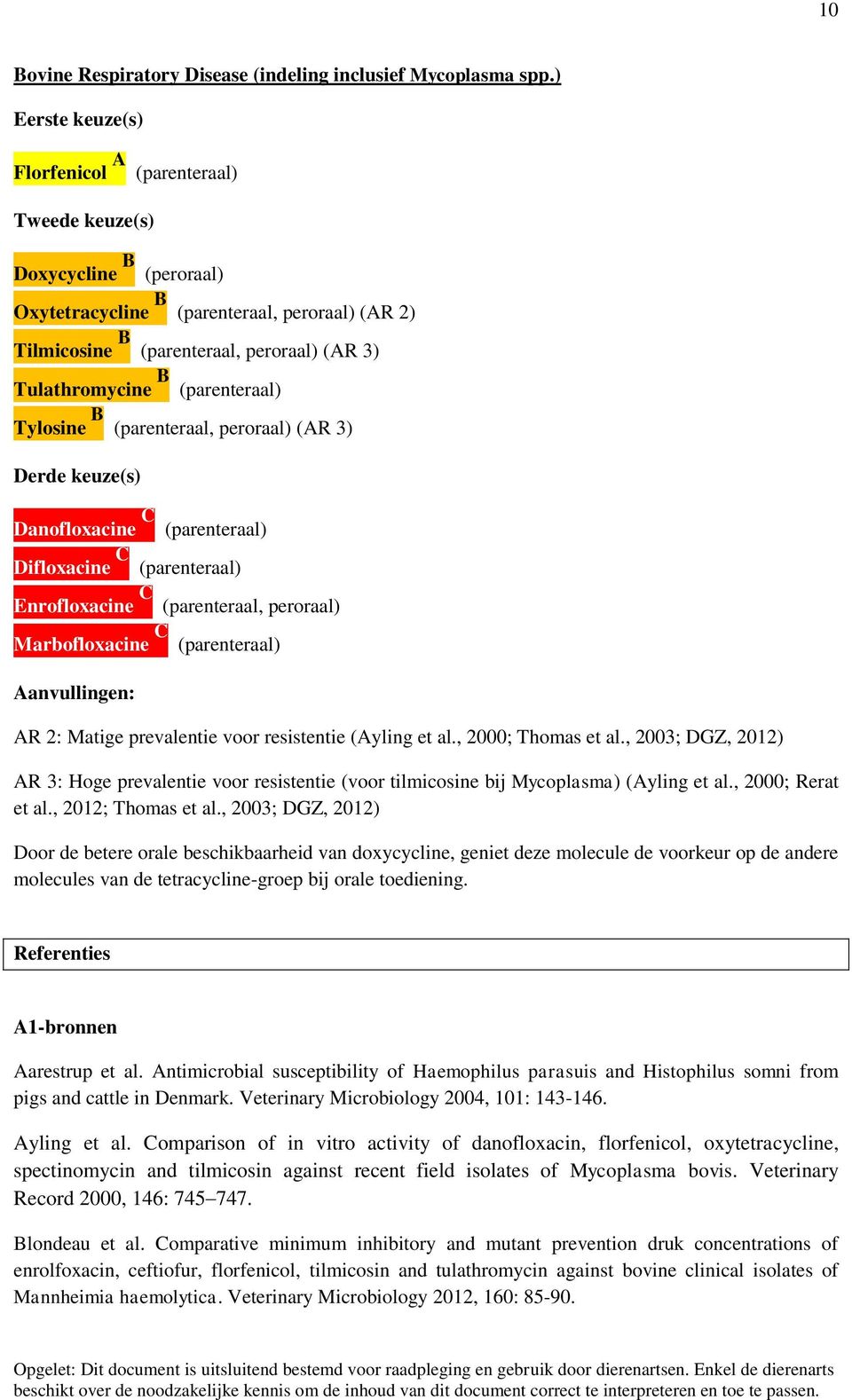 (parenteraal) Tylosine B (parenteraal, peroraal) (AR 3) Derde keuze(s) Danofloxacine C (parenteraal) Difloxacine C (parenteraal) Enrofloxacine C (parenteraal, peroraal) Marbofloxacine C (parenteraal)