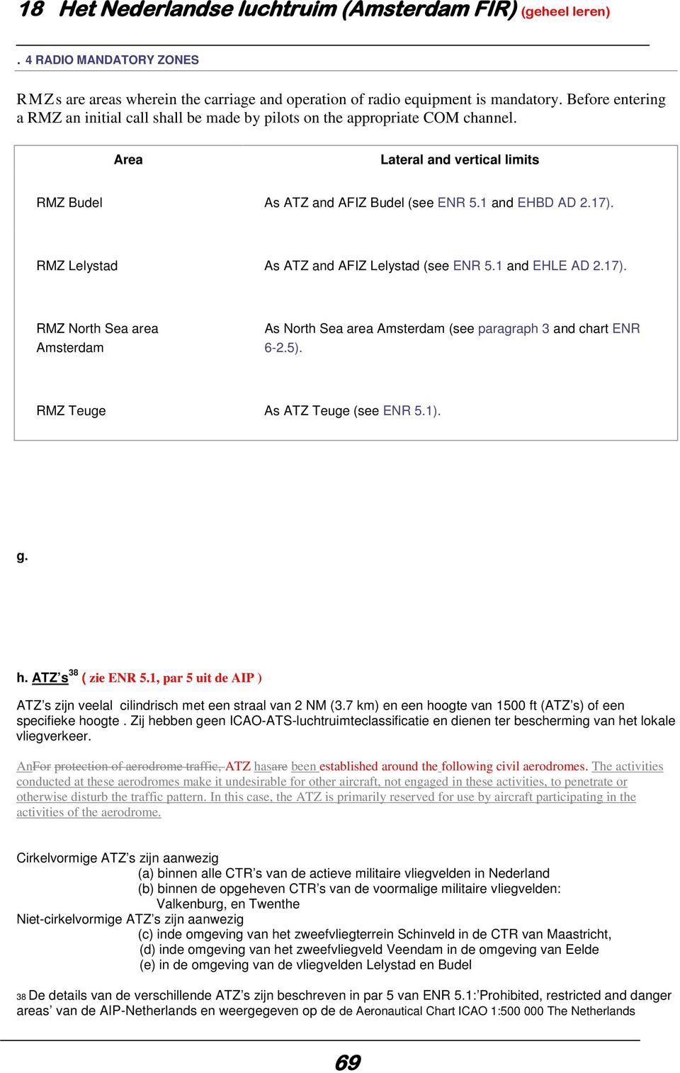 RMZ Lelystad As ATZ and AFIZ Lelystad (see ENR 5.1 and EHLE AD 2.17). RMZ North Sea area Amsterdam As North Sea area Amsterdam (see paragraph 3 and chart ENR 6-2.5). RMZ Teuge As ATZ Teuge (see ENR 5.