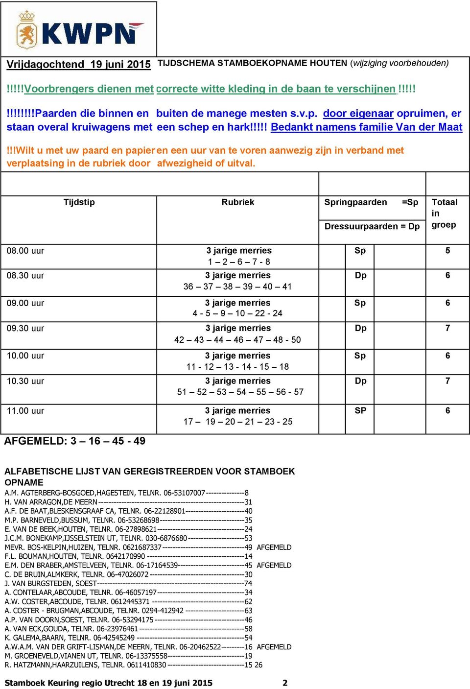 !!Wilt u met uw paard en papier en een uur van te voren aanwezig zijn in verband met verplaatsing in de rubriek door afwezigheid of uitval.