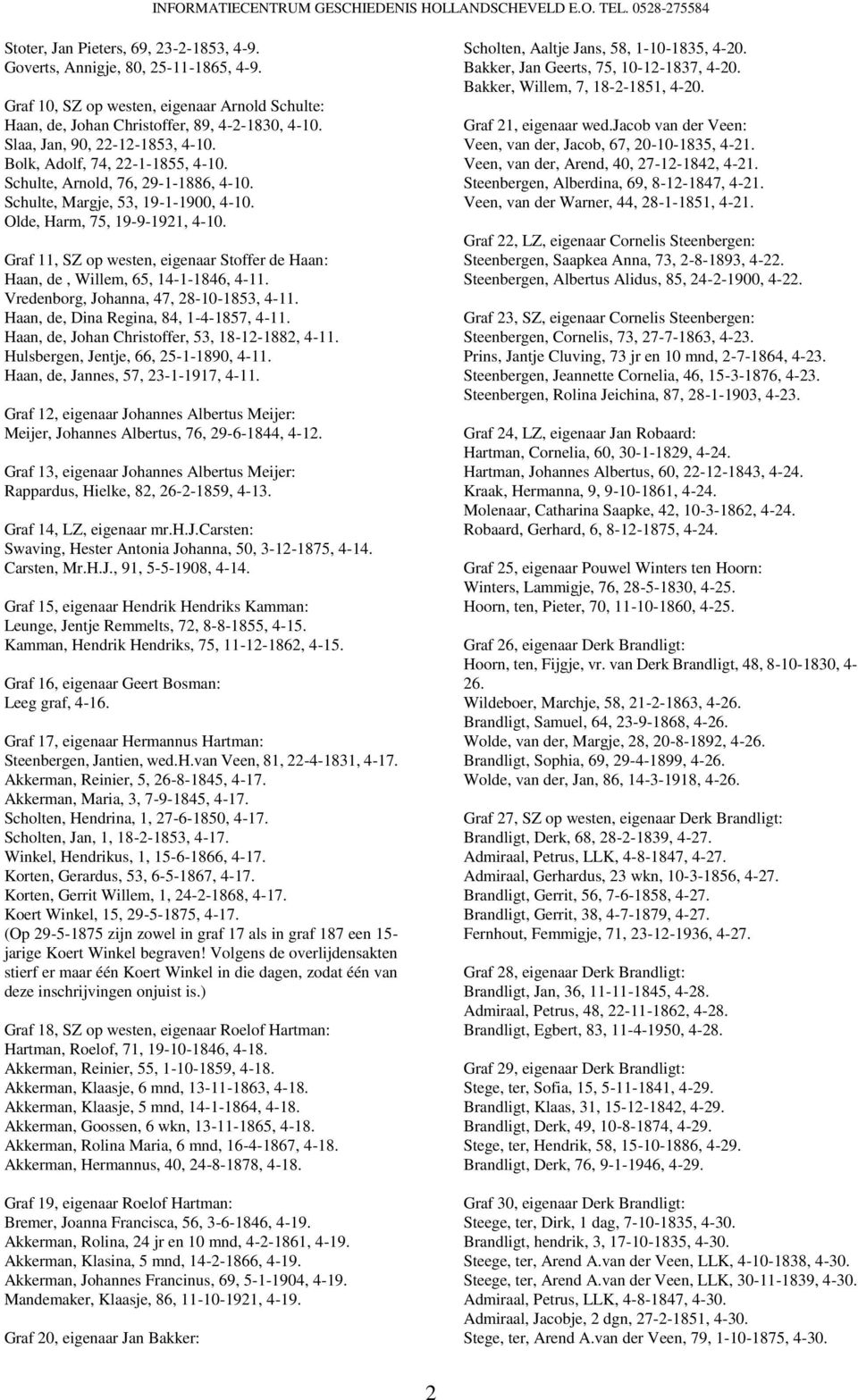 Graf 11, SZ op westen, eigenaar Stoffer de Haan: Haan, de, Willem, 65, 14-1-1846, 4-11. Vredenborg, Johanna, 47, 28-10-1853, 4-11. Haan, de, Dina Regina, 84, 1-4-1857, 4-11.