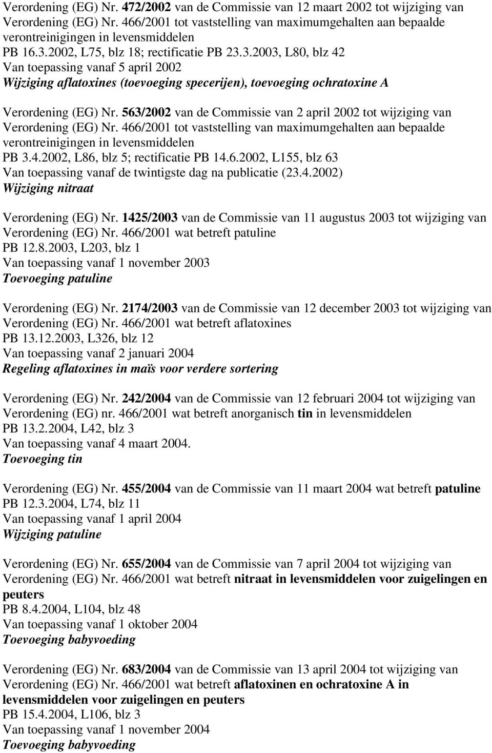 2002, L75, blz 18; rectificatie PB 23.3.2003, L80, blz 42 Wijziging aflatoxines (toevoeging specerijen), toevoeging ochratoxine A Verordening (EG) Nr.