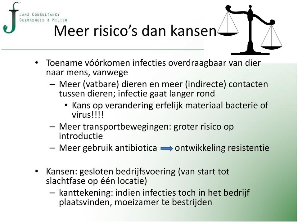!!! Meer transportbewegingen: groter risico op introductie Meer gebruik antibiotica ontwikkeling resistentie Kansen: gesloten