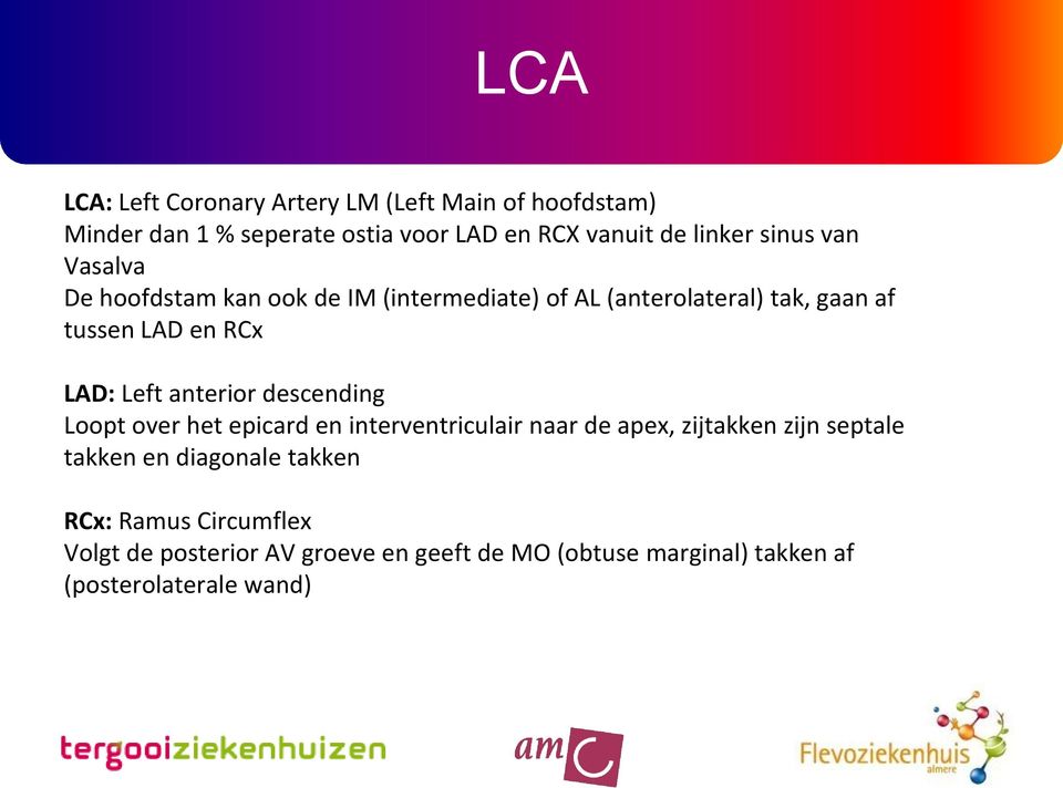 Left anterior descending Loopt over het epicard en interventriculair naar de apex, zijtakken zijn septale takken en