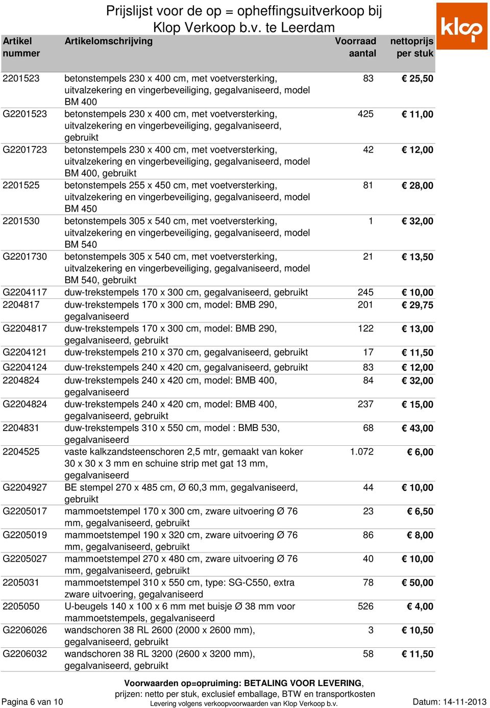 81 28,00 uitvalzekering en vingerbeveiliging,, model BM 450 2201530 betonstempels 305 x 540 cm, met voetversterking, 1 32,00 uitvalzekering en vingerbeveiliging,, model BM 540 G2201730 betonstempels