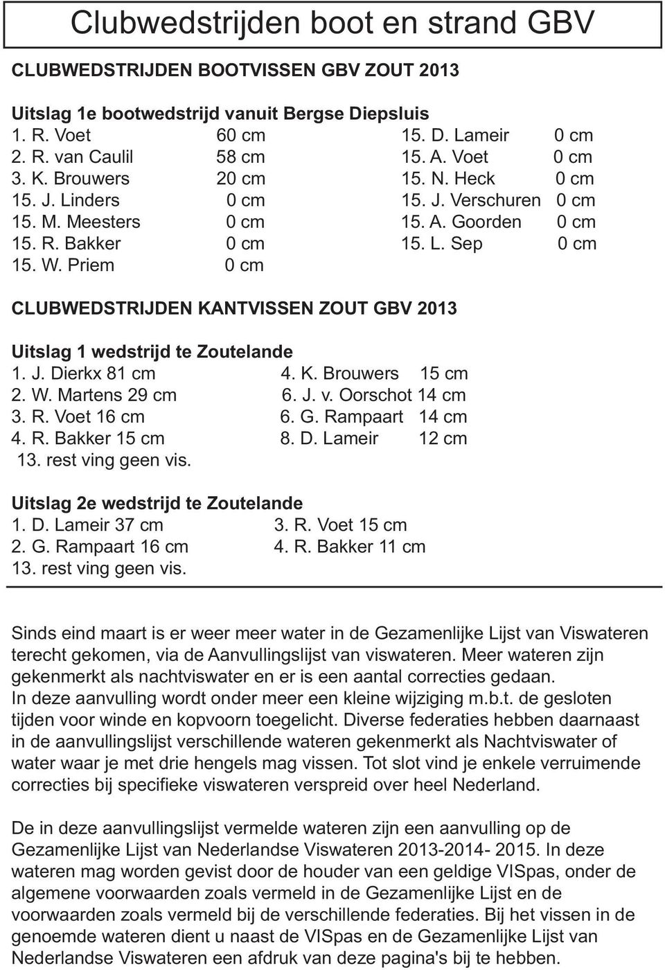 Priem 0 cm CLUBWEDSTRIJDEN KANTVISSEN ZOUT GBV 2013 Uitslag 1 wedstrijd te Zoutelande 1. J. Dierkx 81 cm 4. K. Brouwers 15 cm 2. W. Martens 29 cm 6. J. v. Oorschot 14 cm 3. R. Voet 16 cm 6. G. Rampaart 14 cm 4.