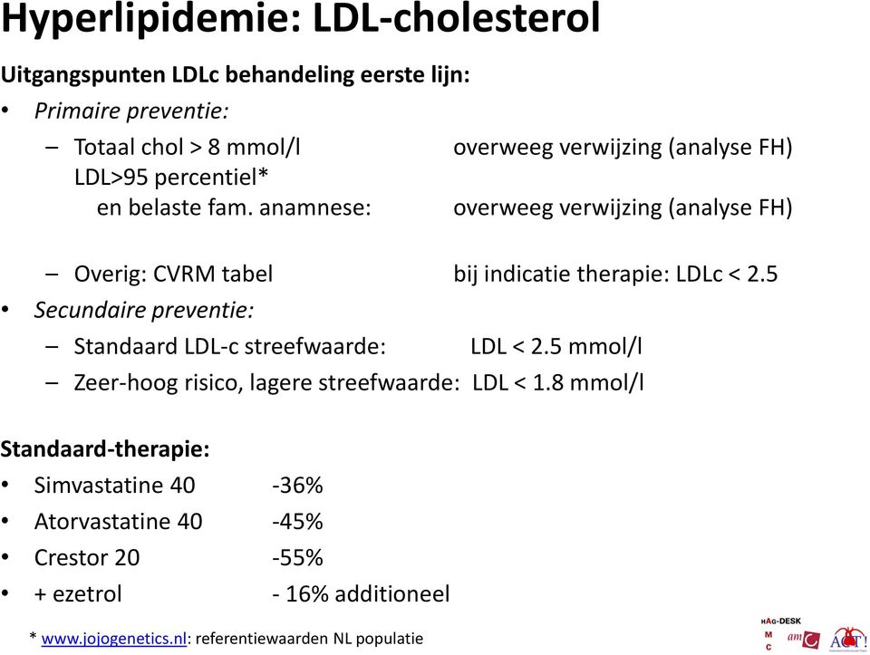 anamnese: overweeg verwijzing (analyse FH) Overig: CVRM tabel bij indicatie therapie: LDLc < 2.