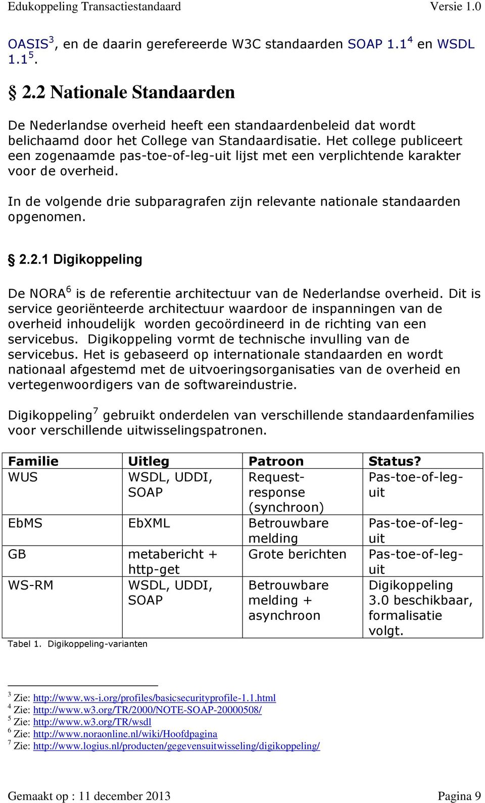 Het college publiceert een zogenaamde pas-toe-of-leg-uit lijst met een verplichtende karakter voor de overheid. In de volgende drie subparagrafen zijn relevante nationale standaarden opgenomen. 2.