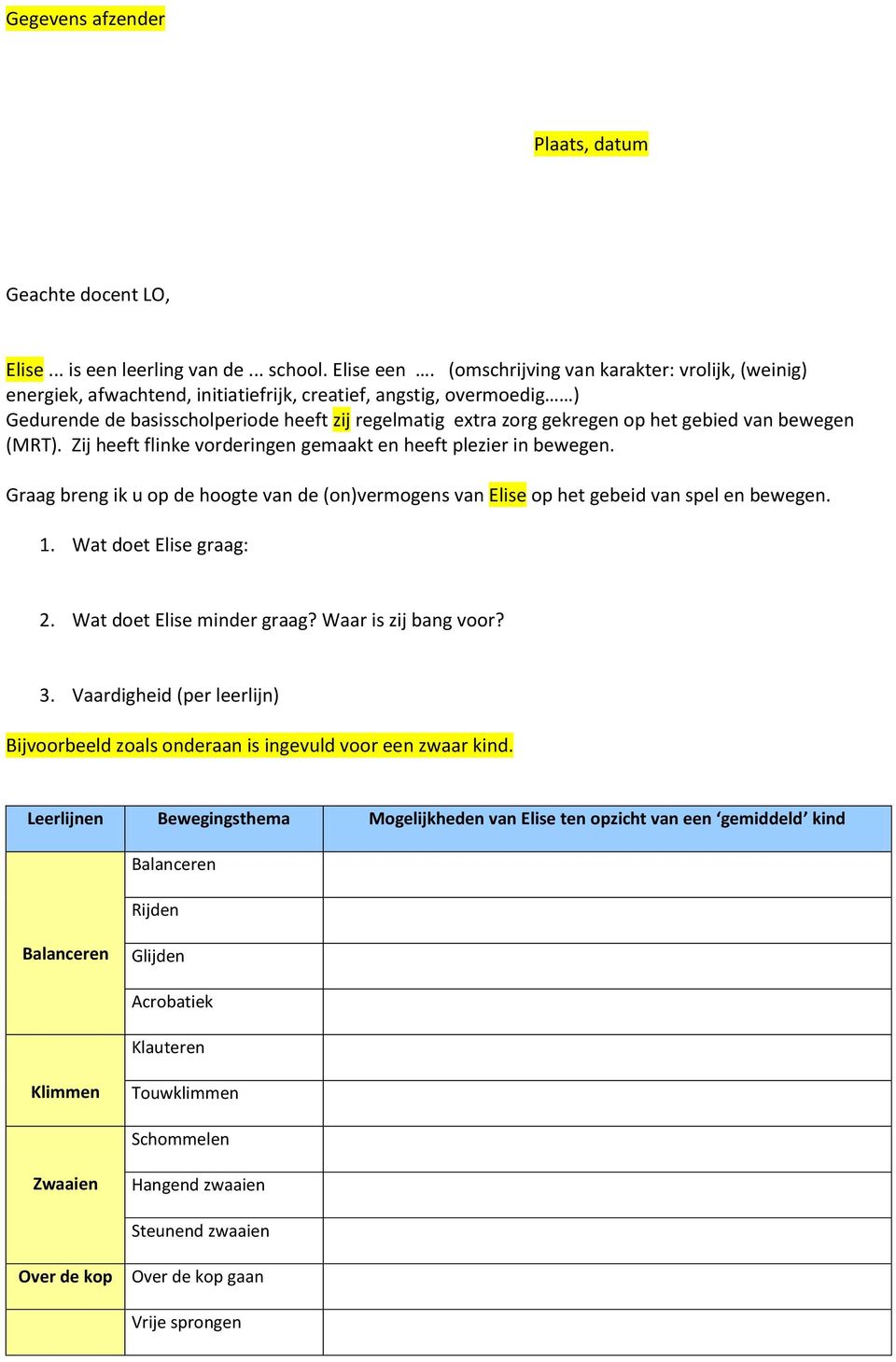 gebied van bewegen (MRT). Zij heeft flinke vorderingen gemaakt en heeft plezier in bewegen. Graag breng ik u op de hoogte van de (on)vermogens van Elise op het gebeid van spel en bewegen. 1.