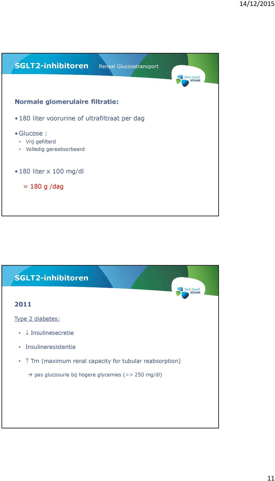180 g /dag SGLT2-inhibiten 2011 Type 2 diabetes: Insulinesecretie Insulineresistentie Tm
