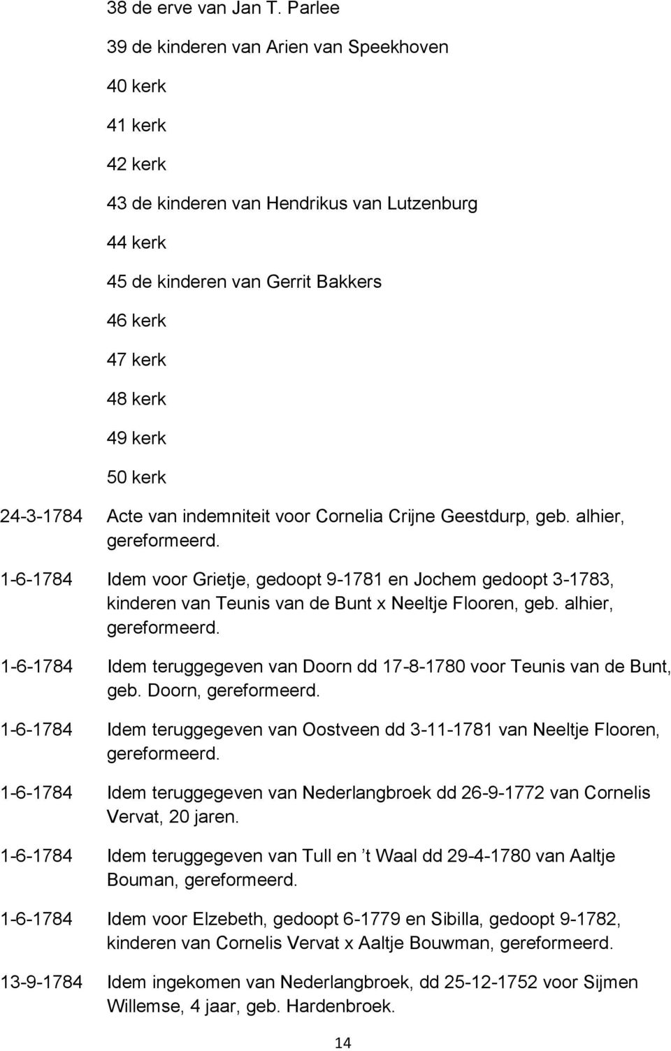 24-3-1784 Acte van indemniteit voor Cornelia Crijne Geestdurp, geb. alhier, 1-6-1784 Idem voor Grietje, gedoopt 9-1781 en Jochem gedoopt 3-1783, kinderen van Teunis van de Bunt x Neeltje Flooren, geb.