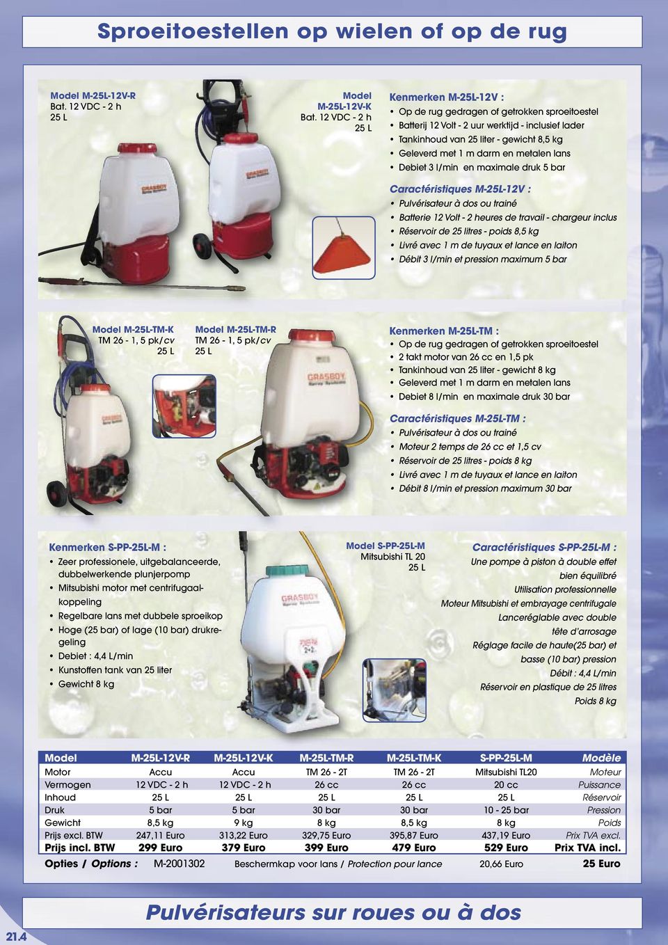 darm en metalen lans Debiet 3 l/min en maximale druk 5 bar Caractéristiques M-25L-12V : Pulvérisateur à dos ou trainé Batterie 12 Volt - 2 heures de travail - chargeur inclus Réservoir de 25 litres -