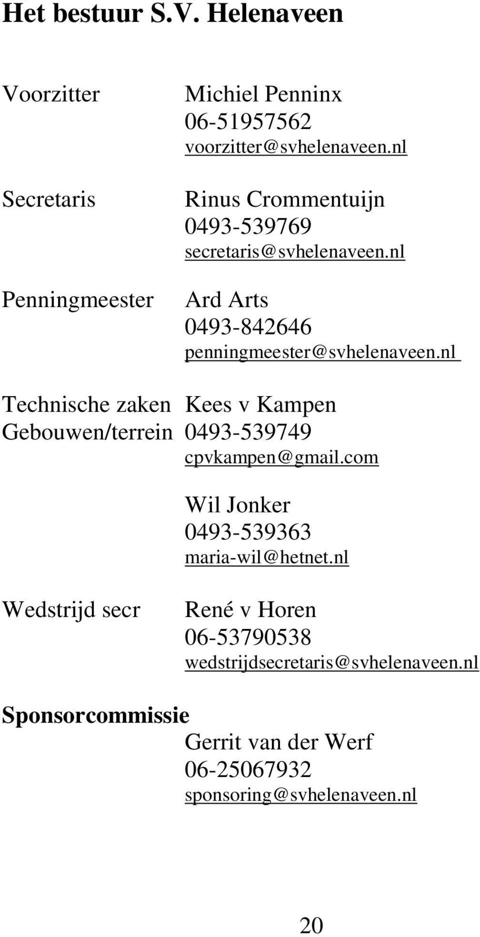 nl Technische zaken Kees v Kampen Gebouwen/terrein 0493-539749 cpvkampen@gmail.com Wil Jonker 0493-539363 maria-wil@hetnet.