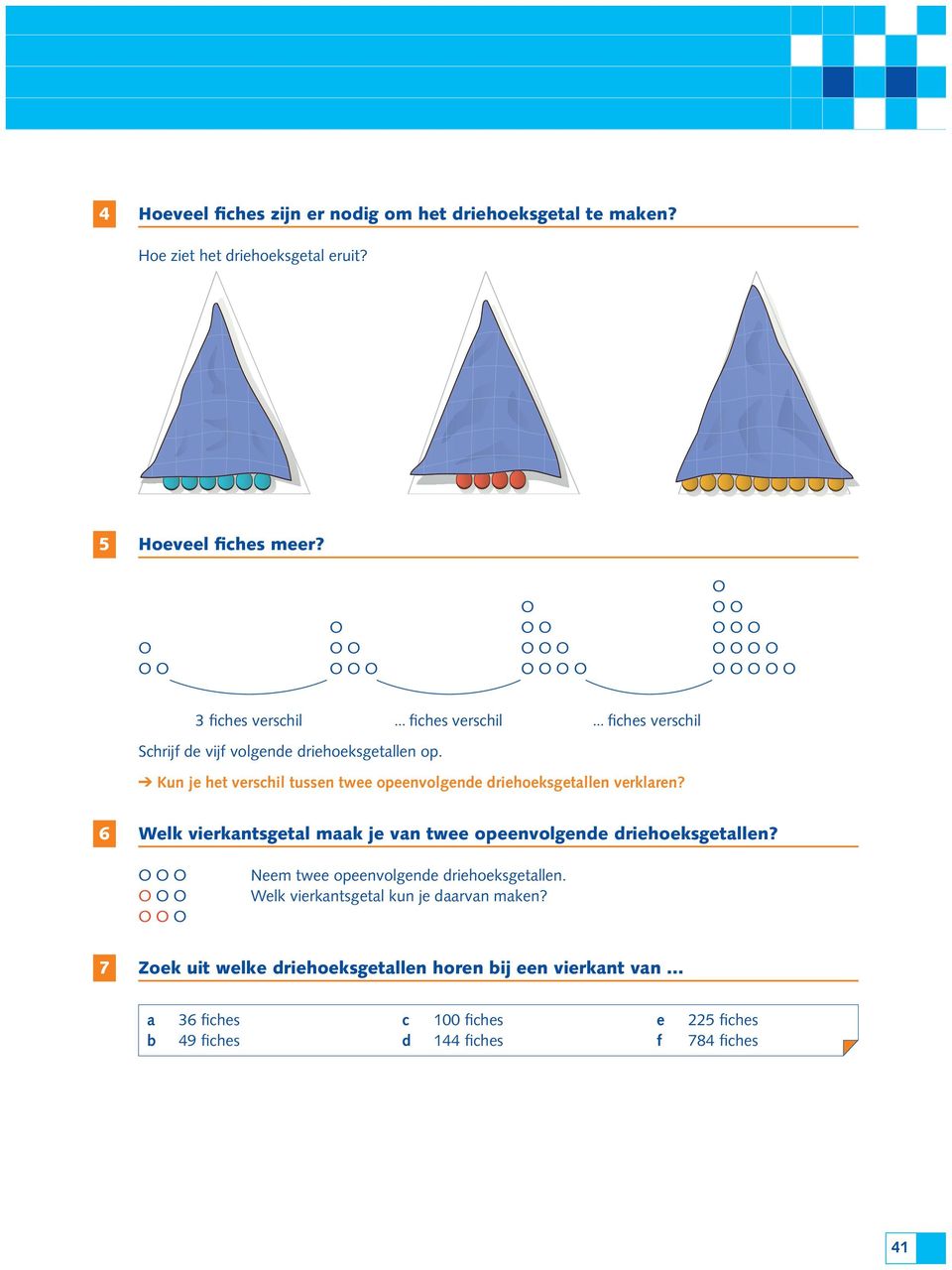 Kun je het verschil tussen twee opeenvolgende driehoeksgetallen verklaren? 6 Welk vierkantsgetal maak je van twee opeenvolgende driehoeksgetallen?