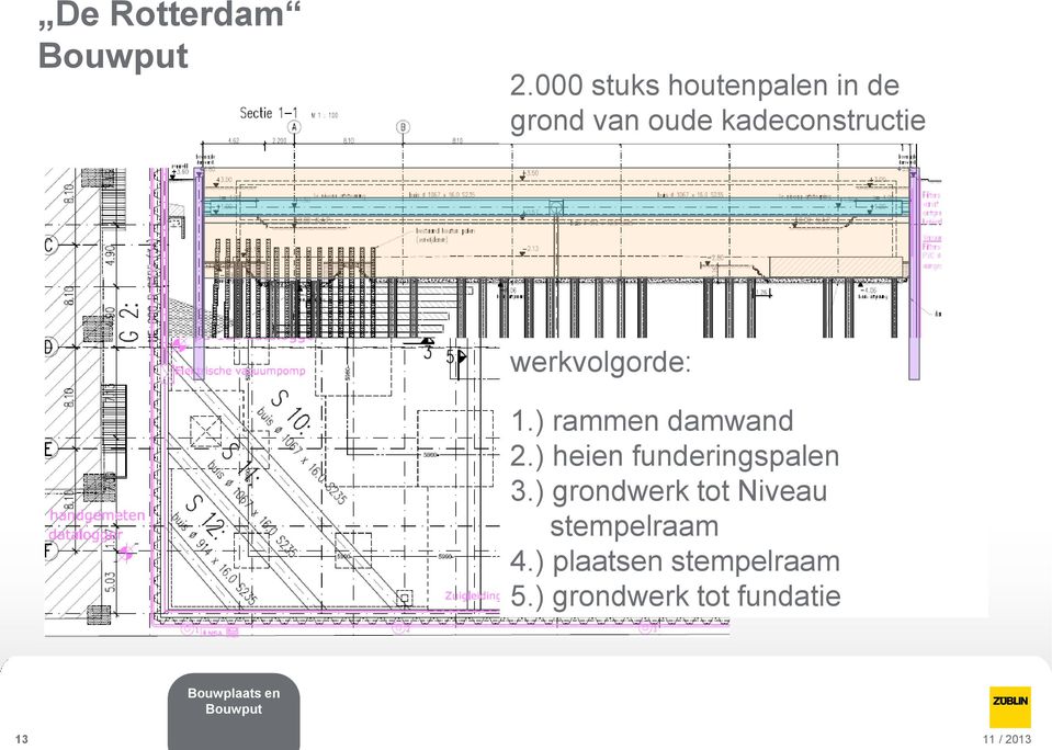 werkvolgorde: 1.) rammen damwand 2.) heien funderingspalen 3.