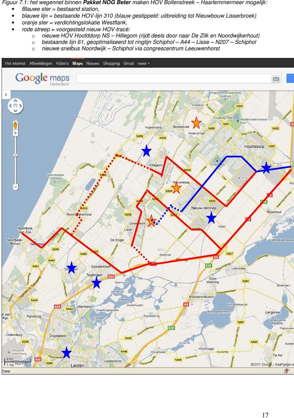 bestaande HOV-lijn 310 (blauw gestippeld: uitbreiding tot Nieuwbouw Lisserbroek) oranje ster = verdichtingslokatie Westflank, rode streep