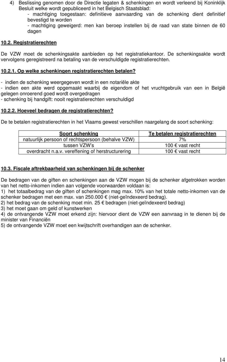 Registratierechten De VZW moet de schenkingsakte aanbieden op het registratiekantoor. De schenkingsakte wordt vervolgens geregistreerd na betaling van de verschuldigde registratierechten. 10