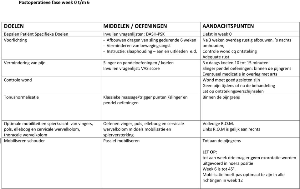 rende 6 weken - Verminderen van bewegingsangst - Instructie: slaaphouding aan en uitkleden e.d. Na 3 weken overdag rustig afbouwen, s nachts omhouden, Controle wond cq ontsteking Adequate rust