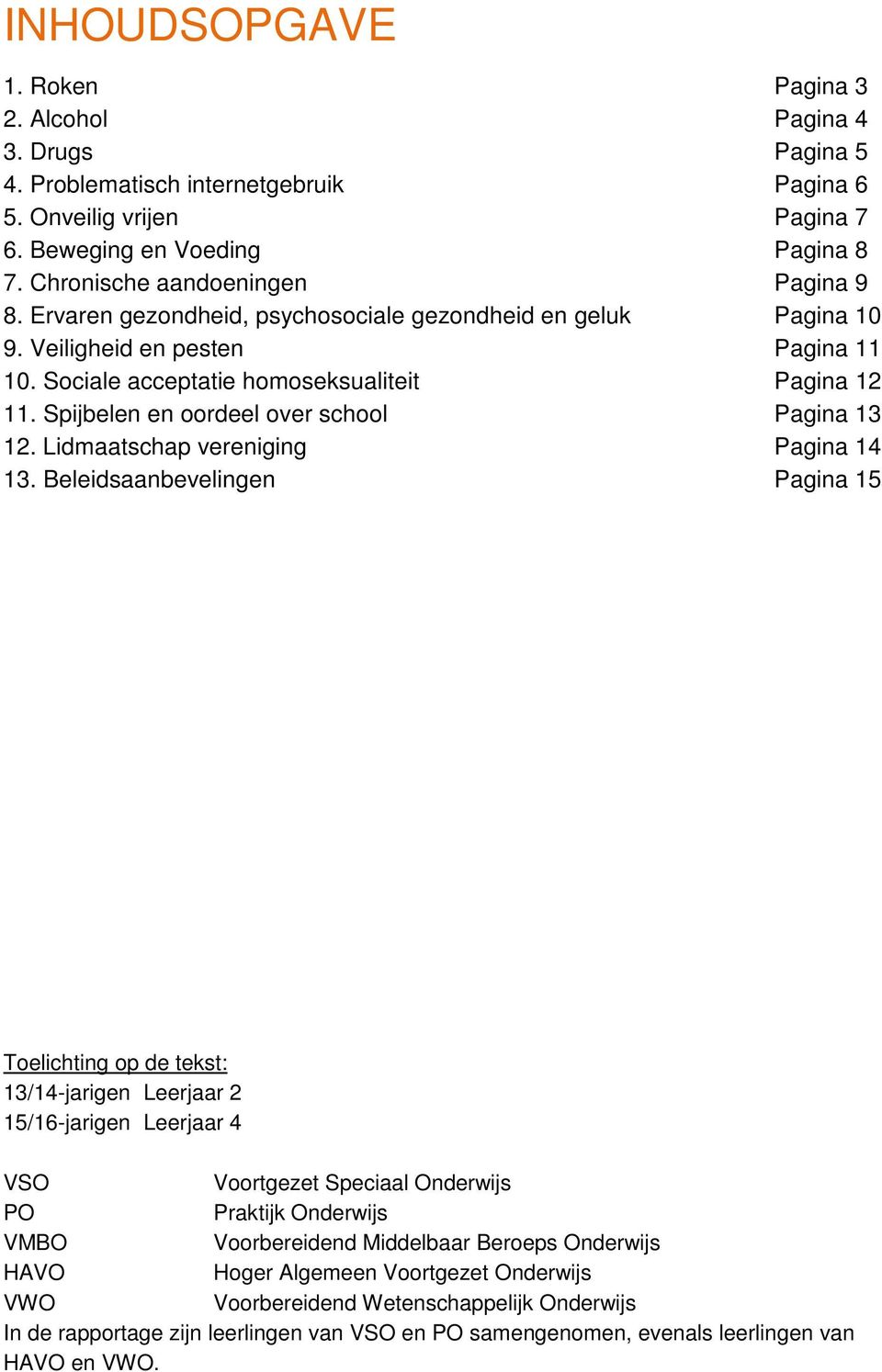 Spijbelen en oordeel over school Pagina 13 12. Lidmaatschap vereniging Pagina 14 13.