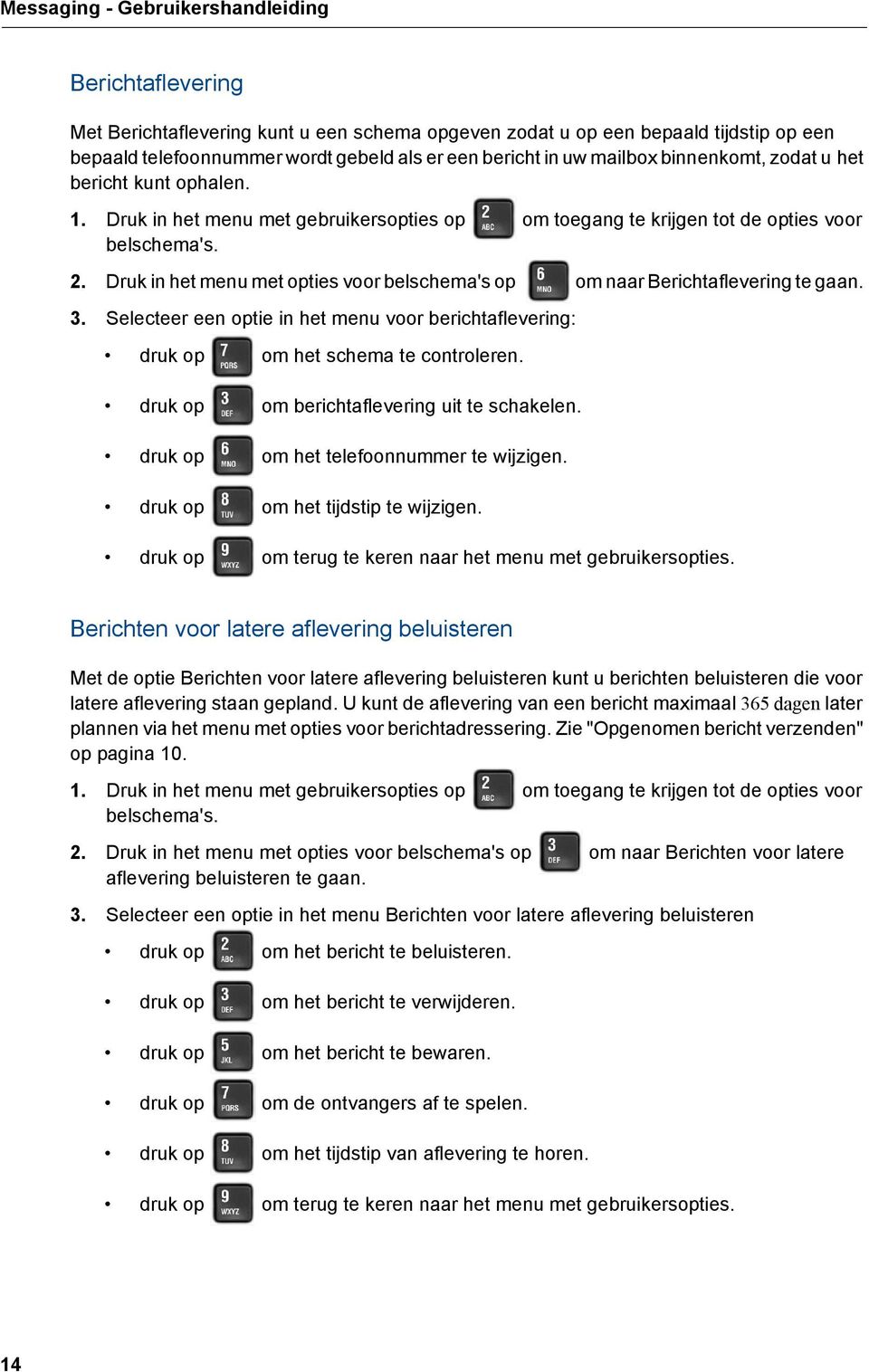 Druk in het menu met opties voor belschema's op om naar Berichtaflevering te gaan. 3. Selecteer een optie in het menu voor berichtaflevering: druk op om het schema te controleren.