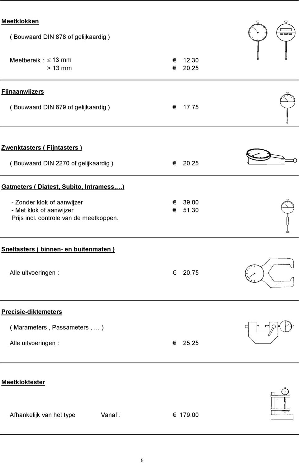 25 Gatmeters ( Diatest, Subito, Intramess, ) - Zonder klok of aanwijzer 39.00 - Met klok of aanwijzer 51.30 Prijs incl.