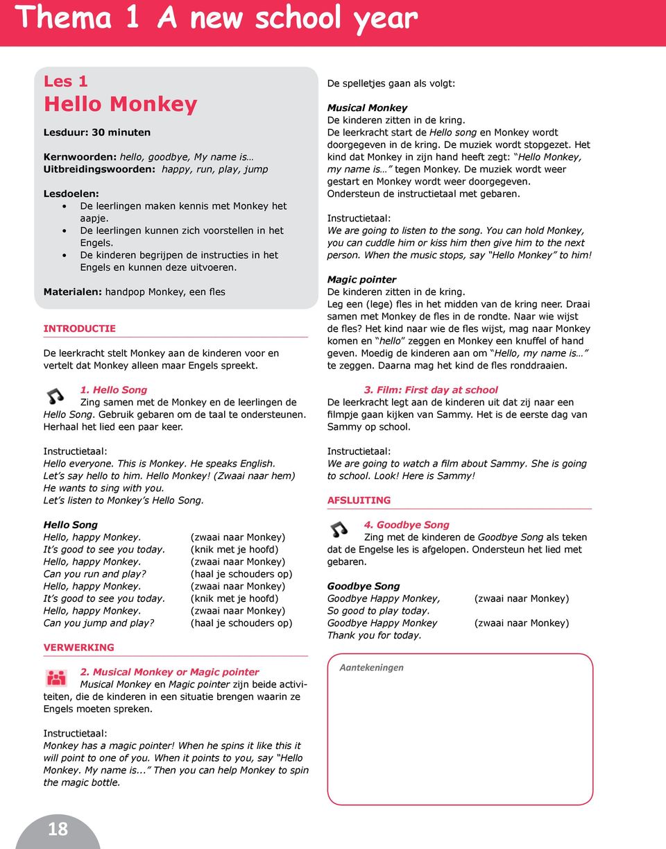 Materialen: handpop Monkey, een fles De leerkracht stelt Monkey aan de kinderen voor en vertelt dat Monkey alleen maar Engels spreekt.