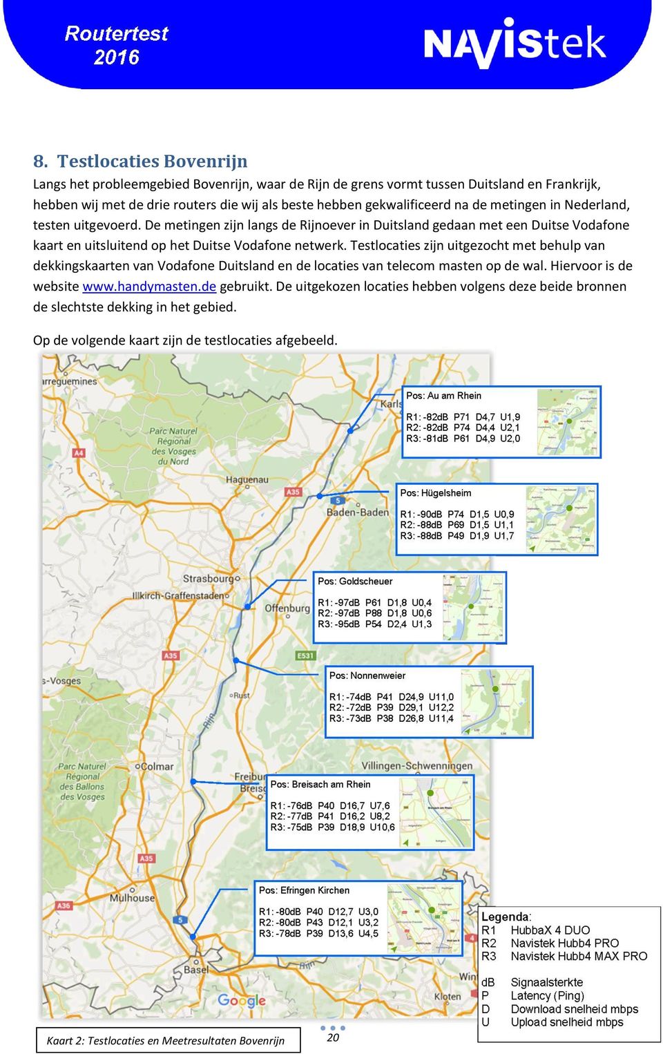 De metingen zijn langs de Rijnoever in Duitsland gedaan met een Duitse Vodafone kaart en uitsluitend op het Duitse Vodafone netwerk.