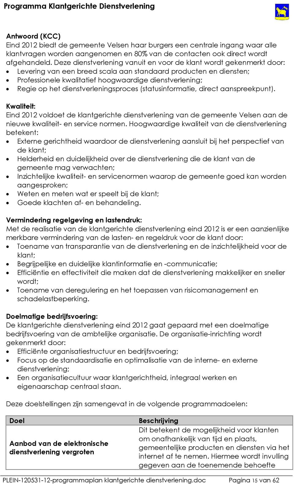 het dienstverleningsproces (statusinformatie, direct aanspreekpunt). Kwaliteit: Eind 2012 voldoet de klantgerichte dienstverlening van de gemeente Velsen aan de nieuwe kwaliteit- en service normen.