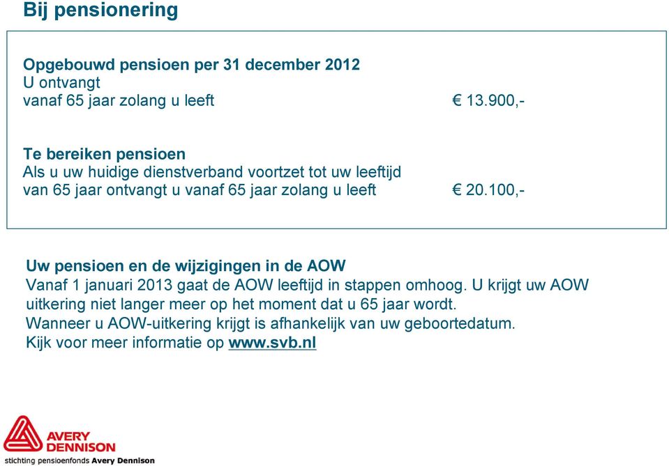 leeft 20.100,- Uw pensioen en de wijzigingen in de AOW Vanaf 1 januari 2013 gaat de AOW leeftijd in stappen omhoog.