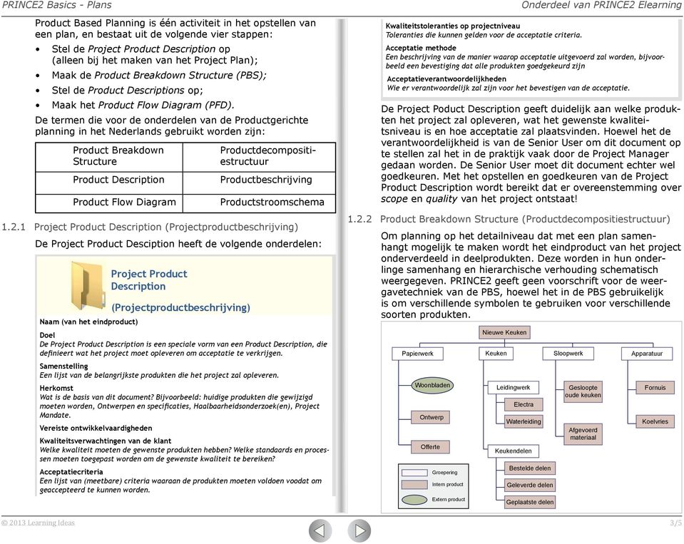 De termen die voor de onderdelen van de Productgerichte planning in het Nederlands gebruikt worden zijn: Product Breakdown Structure Product Description Product Flow Diagram