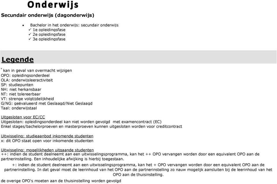 onderwijstaal Uitgesloten voor EC/CC Uitgesloten: opleidingsonderdeel kan niet worden gevolgd met examencontract (EC) Enkel stages/bachelorproeven en masterproeven kunnen uitgesloten worden voor