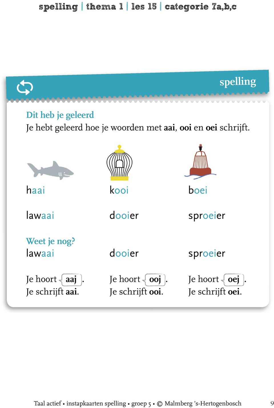 lawaai dooier sproeier Je hoort aaj. Je hoort ooj. Je hoort oej. Je schrijft aai.