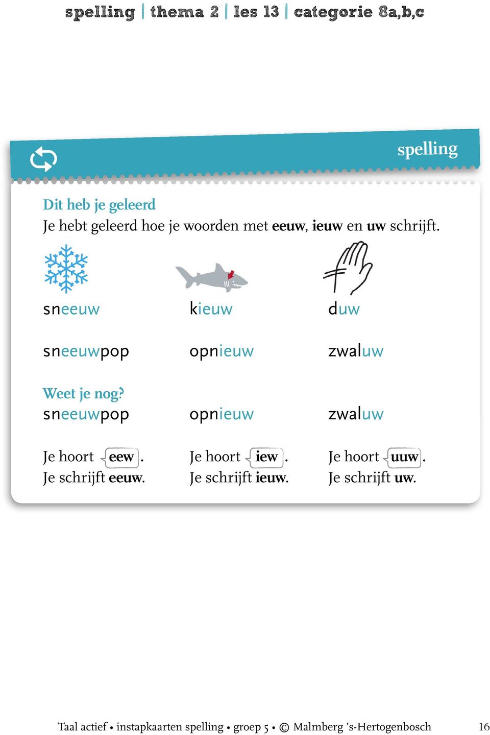 sneeuwpop opnieuw zwaluw Je hoort eew. Je hoort iew. Je hoort uuw. Je schrijft eeuw.