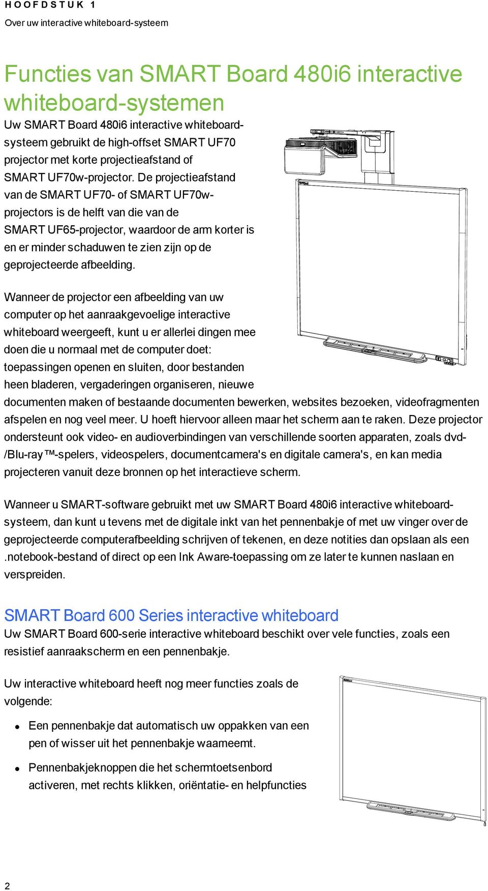 De projectieafstand van de SMART UF70- of SMART UF70wprojectors is de helft van die van de SMART UF65-projector, waardoor de arm korter is en er minder schaduwen te zien zijn op de geprojecteerde