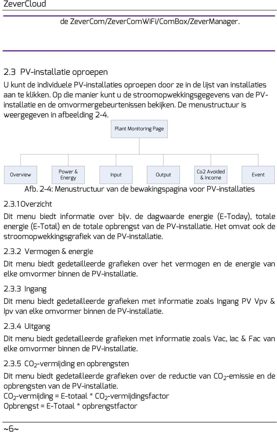 Plant Monitoring Page Overview Power & Energy Input Output Co2 Avoided & Income Afb. 2-4: Menustructuur van de bewakingspagina voor PV-installaties 2.3.1 Overzicht Dit menu biedt informatie over bijv.