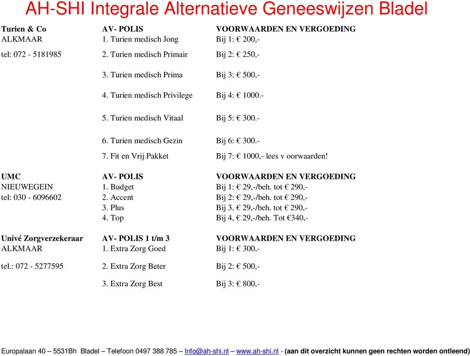 UMC AV- POLIS VOORWAARDEN EN VERGOEDING NIEUWEGEIN 1. Budget Bij 1: 29,-/beh. tot 290,- tel: 030-6096602 2. Accent Bij 2: 29,-/beh. tot 290,- 3. Plus Bij 3. 29,-/beh. tot 290,- 4.
