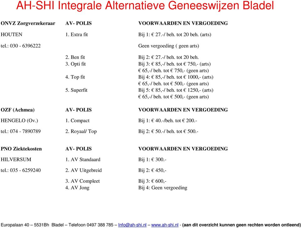 tot 1250,- (arts) 65,-/ beh. tot 500,- (geen arts) OZF (Achmea) AV- POLIS VOORWAARDEN EN VERGOEDING HENGELO (Ov.) 1. Compact Bij 1: 40.-/beh. tot 200.- tel.: 074-7890789 2. Royaal/ Top Bij 2: 50.