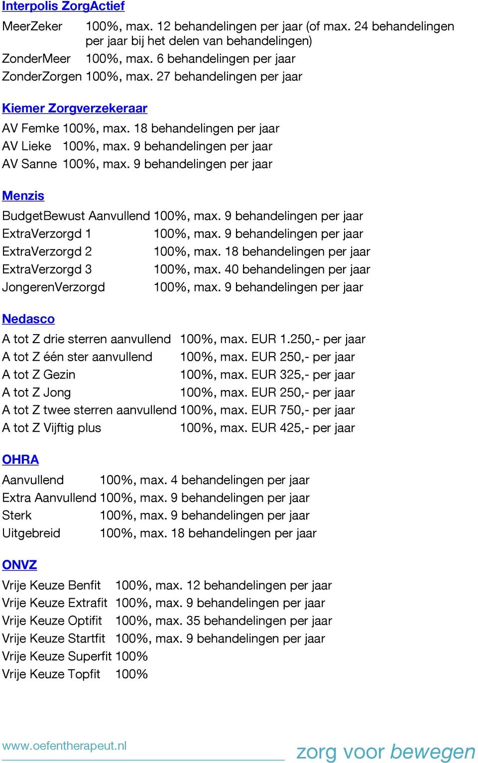 40 JongerenVerzorgd Nedasco A tot Z drie sterren aanvullend 100%, max. EUR 1.250,- per jaar A tot Z één ster aanvullend 100%, max. EUR 250,- per jaar A tot Z Gezin 100%, max.