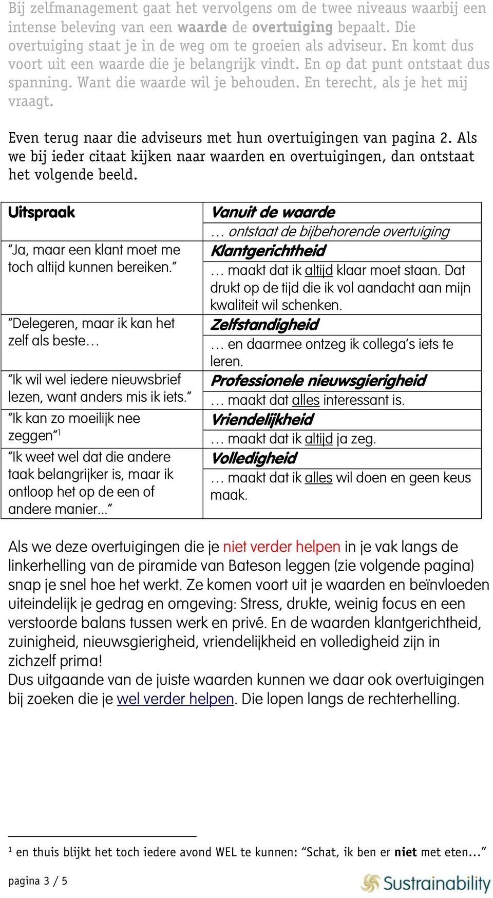 Even terug naar die adviseurs met hun overtuigingen van pagina 2. Als we bij ieder citaat kijken naar waarden en overtuigingen, dan ontstaat het volgende beeld.