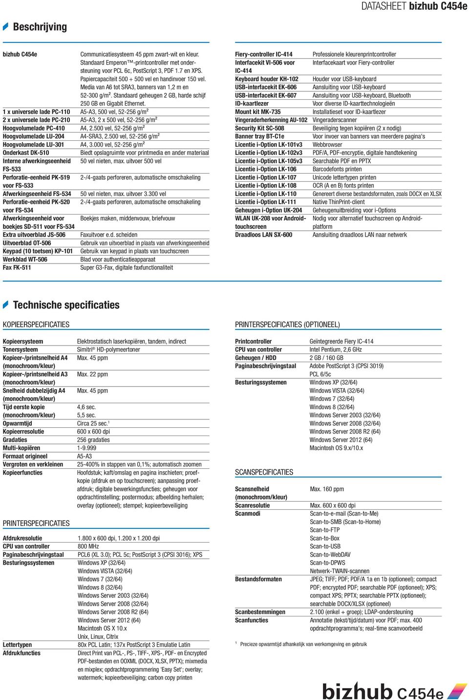 Fax FK-511 Communicatiesysteem 45 ppm zwart-wit en kleur. Standaard Emperon -printcontroller met ondersteuning voor CL 6c, ostscript 3, DF 1.7 en XS.