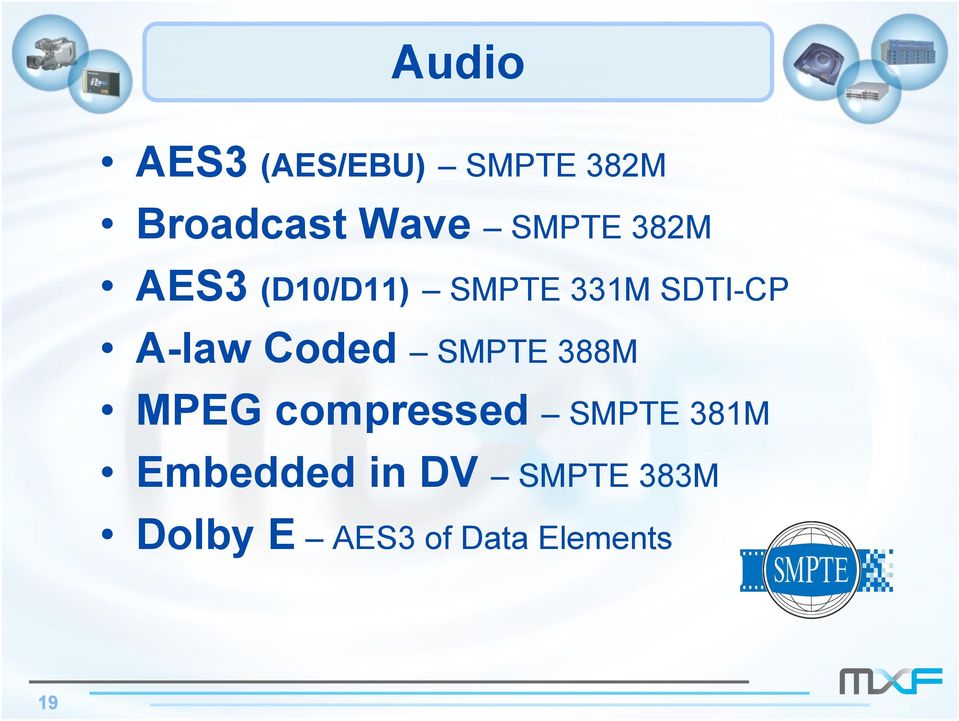 A-law Coded SMPTE 388M MPEG compressed SMPTE 381M